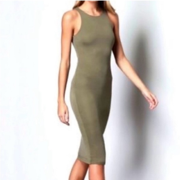 Good American Micro Rib Stretch Tank Midi Green Sage Sleeveless Bodycon Dress - Picture 6 of 13